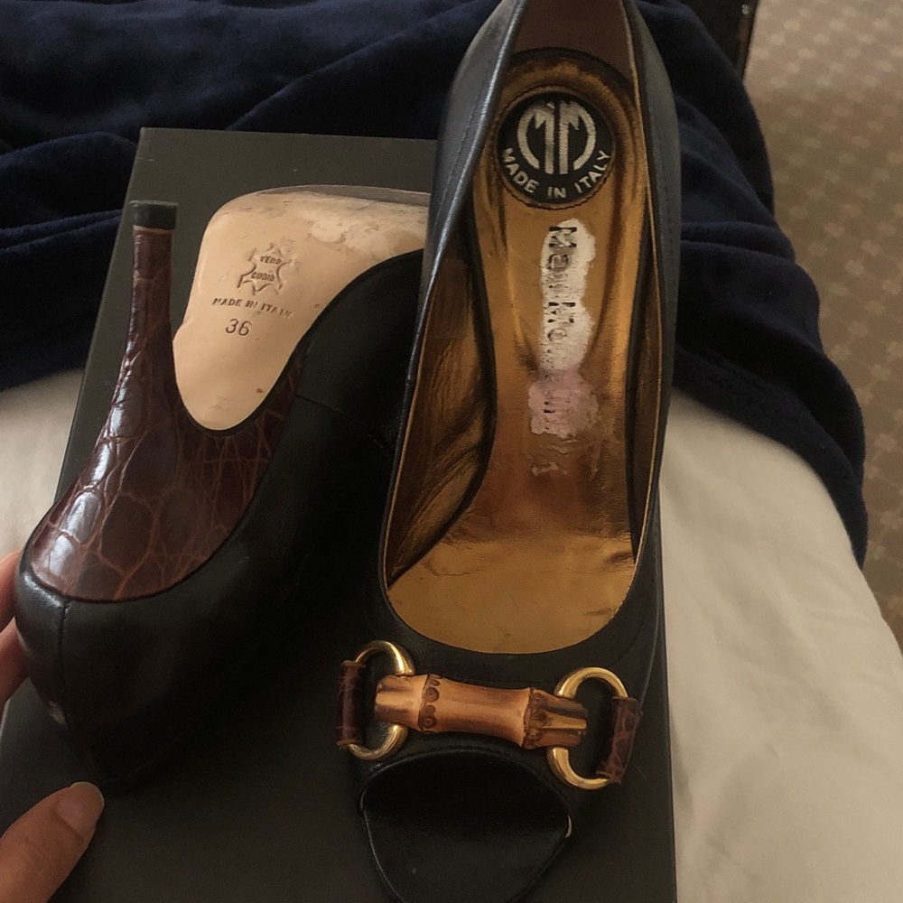 Horsebit Leather Peep-Toe Pumps with Brown Bamboo Accent exotic finishes Italy